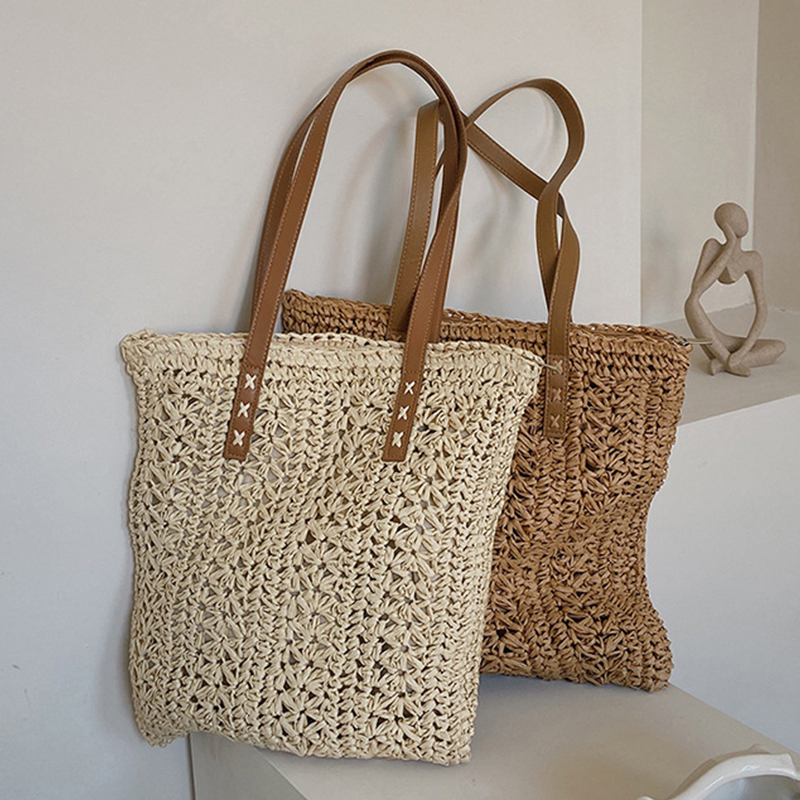 Women Bags Handmade - Kwadratowa torba plażowa ze słomy ręcznie
