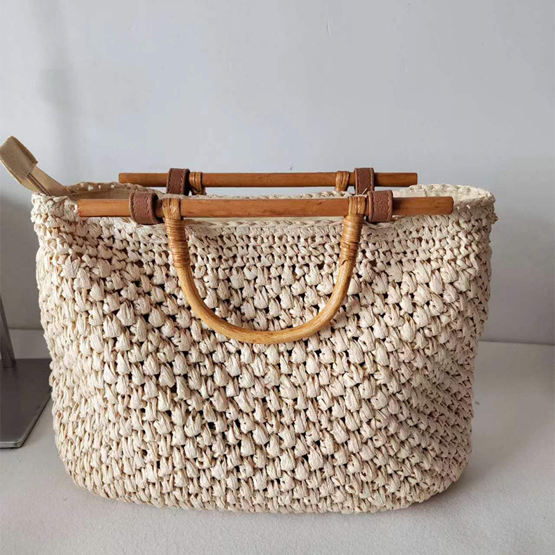 Women Bags Handmade - Torba ze słomy z drewnianą rączką